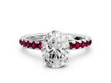 White gold Oval Cut Diamond Pave Band Solitaire Ring with Round with Garnet side stone and Prong Setting