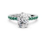White gold Oval Cut Diamond Pave Band Solitaire Ring with Round with Green Sapphire side stone and Prong Setting_24