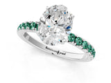 White gold Oval Cut Diamond Pave Band Solitaire Ring with Round with Green Sapphire side stone and Prong Setting_25