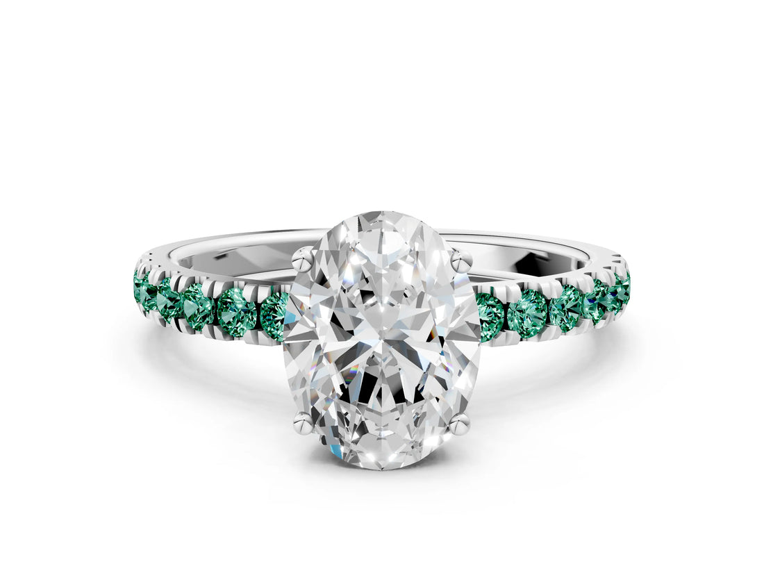 White gold Oval Cut Diamond Pave Band Solitaire Ring with Round with Green Sapphire side stone and Prong Setting_36