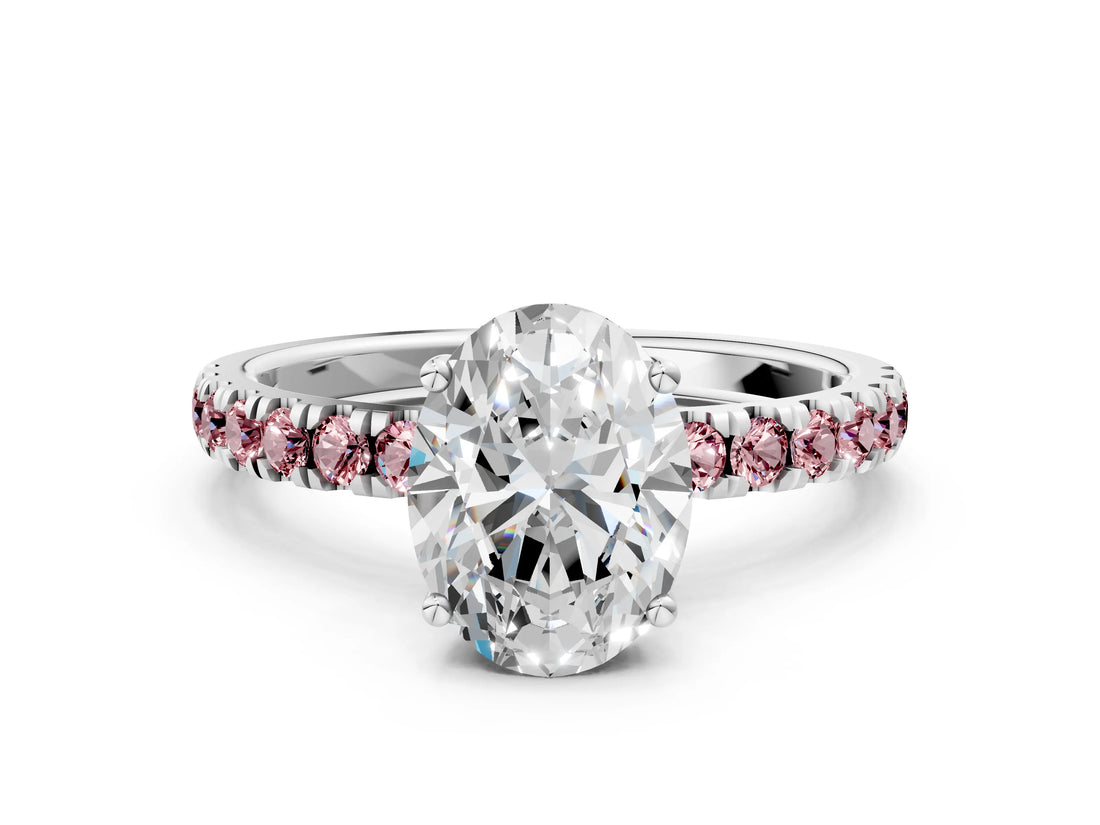 White gold Oval Cut Diamond Pave Band Solitaire Ring with Round with Morganite side stone and Prong Setting_12