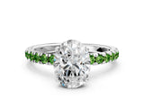 White gold Oval Cut Diamond Pave Band Solitaire Ring with Round with Peridot side stone and Prong Setting