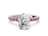 White gold Oval Cut Diamond Pave Band Solitaire Ring with Round with Pink Sapphire side stone and Prong Setting_24