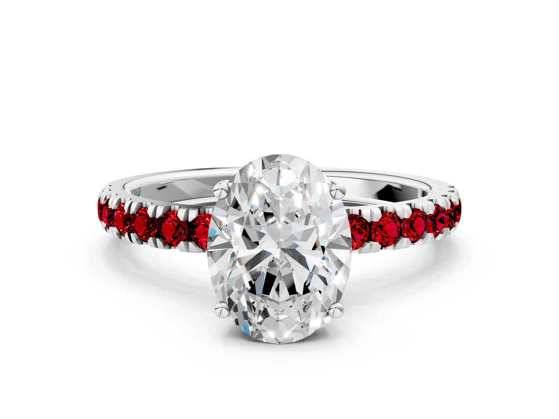 White gold Oval Cut Diamond Pave Band Solitaire Ring with Round with Ruby side stone and Prong Setting