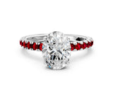 White gold Oval Cut Diamond Pave Band Solitaire Ring with Round with Ruby side stone and Prong Setting