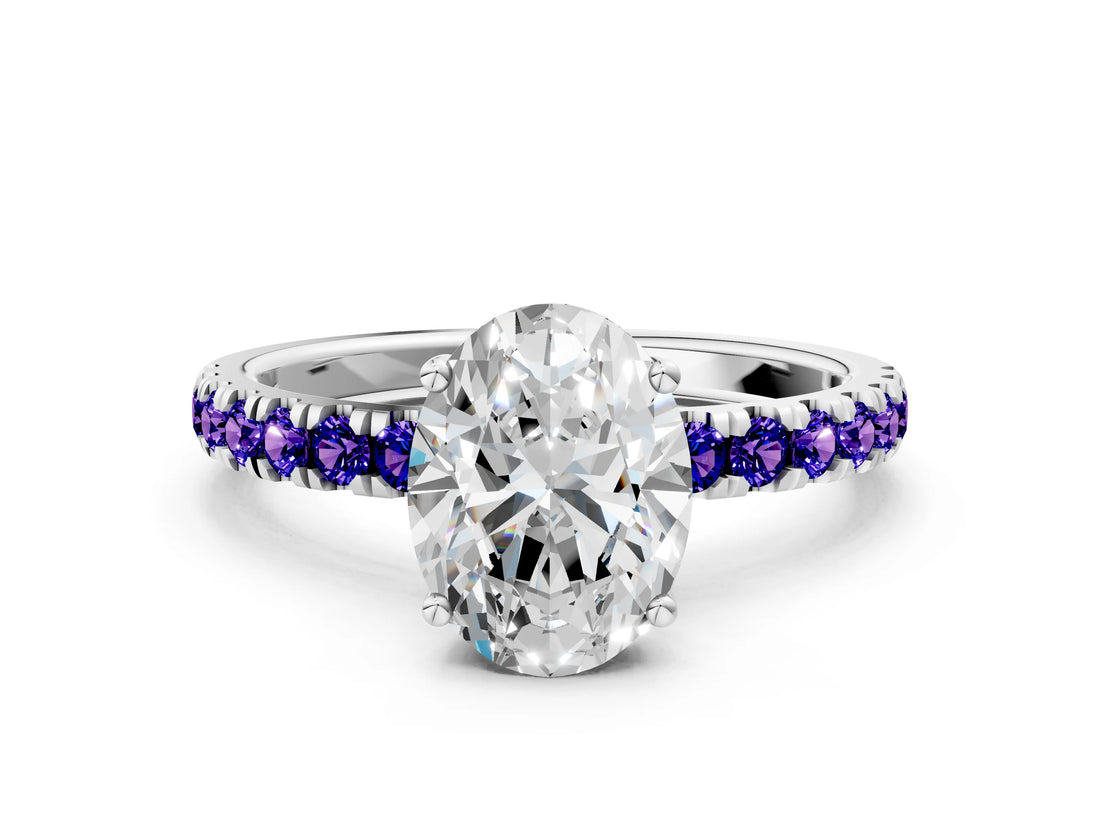 White gold Oval Cut Diamond Pave Band Solitaire Ring with Round with Tanzanite side stone and Prong Setting