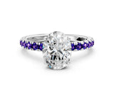 White gold Oval Cut Diamond Pave Band Solitaire Ring with Round with Tanzanite side stone and Prong Setting