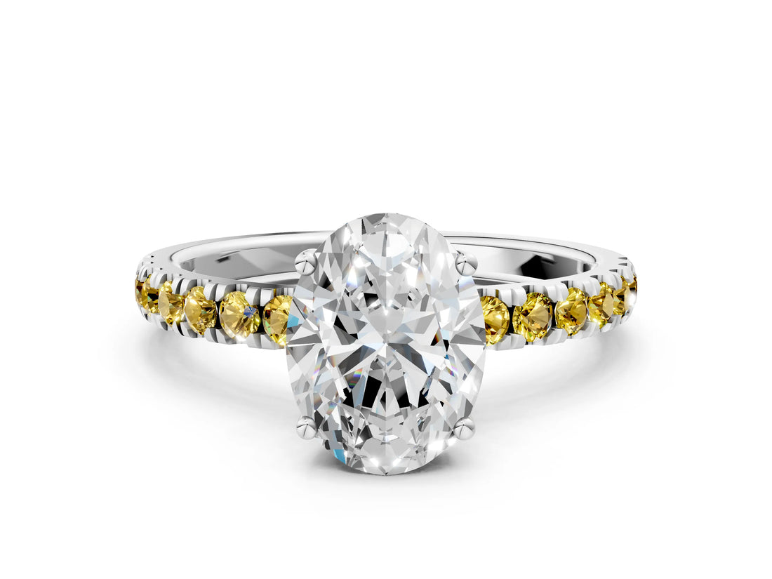 White gold Oval Cut Diamond Pave Band Solitaire Ring with Round with Yellow Sapphire side stone and Prong Setting_12