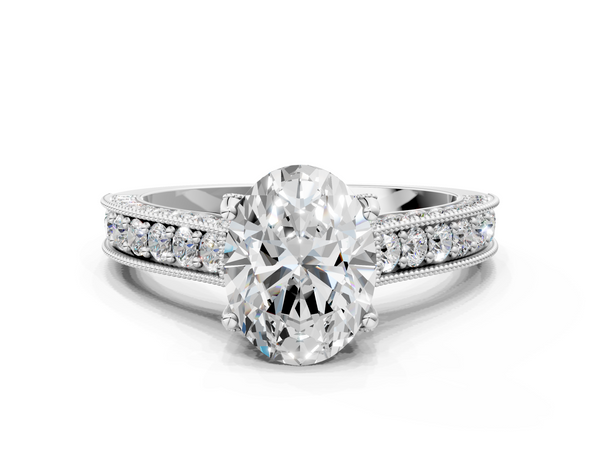 White Gold Oval Vintage Hidden Halo Engagement Ring Setting with Milgrain Triple Row Pave Band