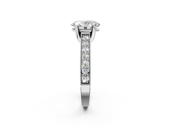 White Gold Oval Vintage Hidden Halo Engagement Ring Setting with Milgrain Triple Row Pave Band