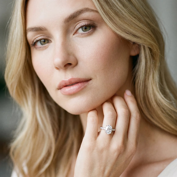 White Gold Oval Solitaire Engagement Ring Setting with Alternating Size Shared Prong Band