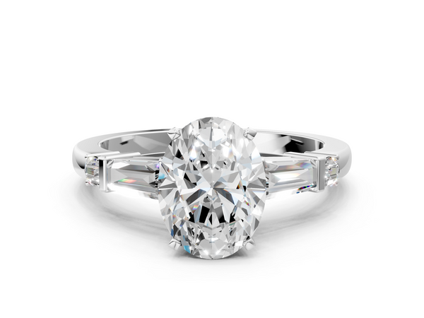 White gold Oval Cut Diamond Ring with Baguette Side Stones, Channel Set Band, and Four-Prong Setting