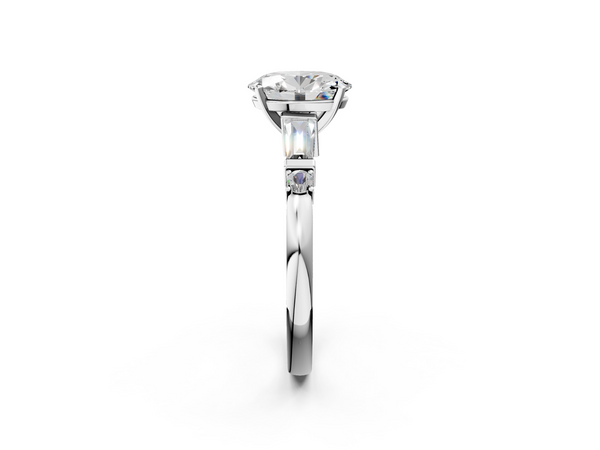 White gold Oval Cut Diamond Ring with Baguette Side Stones, Channel Set Band, and Four-Prong Setting