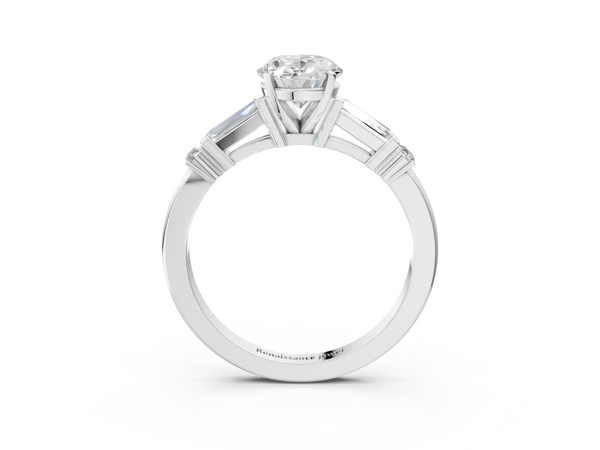 White gold Oval Cut Diamond Ring with Baguette Side Stones, Channel Set Band, and Four-Prong Setting