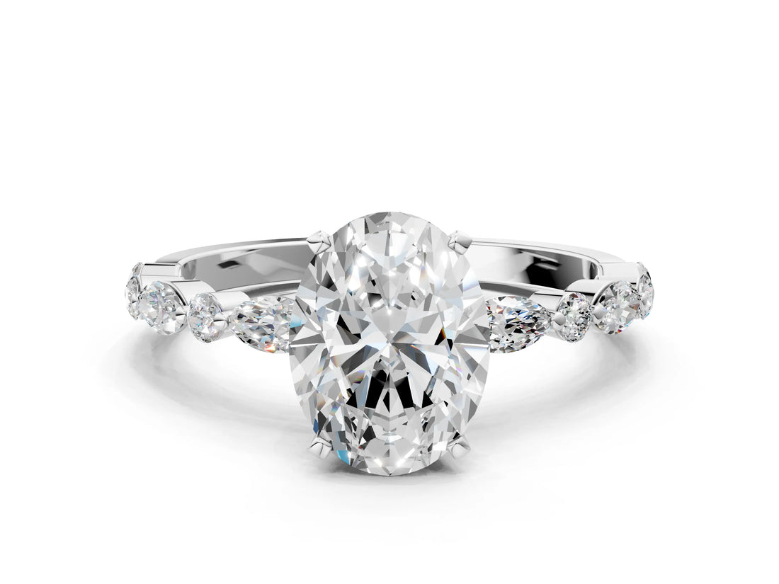 14K White Gold 2.01 Carat F VVS1 Oval Diamond Ring with Marquise and Round Side Stones and Four-Prong Setting