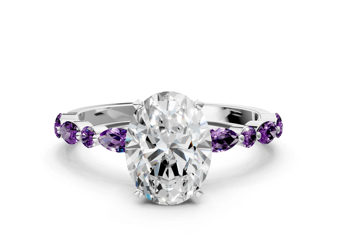 White gold Oval Cut Diamond Ring with Marquise and Round with Amethyst side stone Side Stones and Four-Prong Setting_12