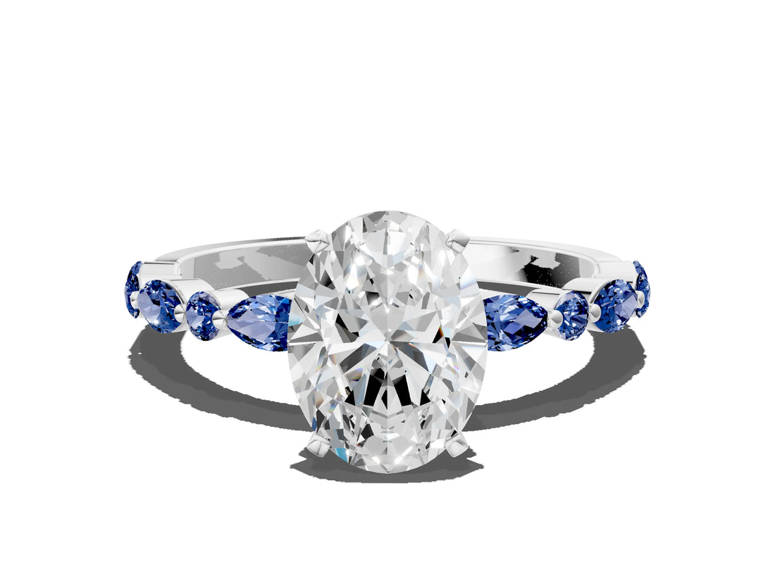 White gold Oval Cut Diamond Ring with Marquise and Round with Blue Sapphire side stone Side Stones and Four-Prong Setting_36