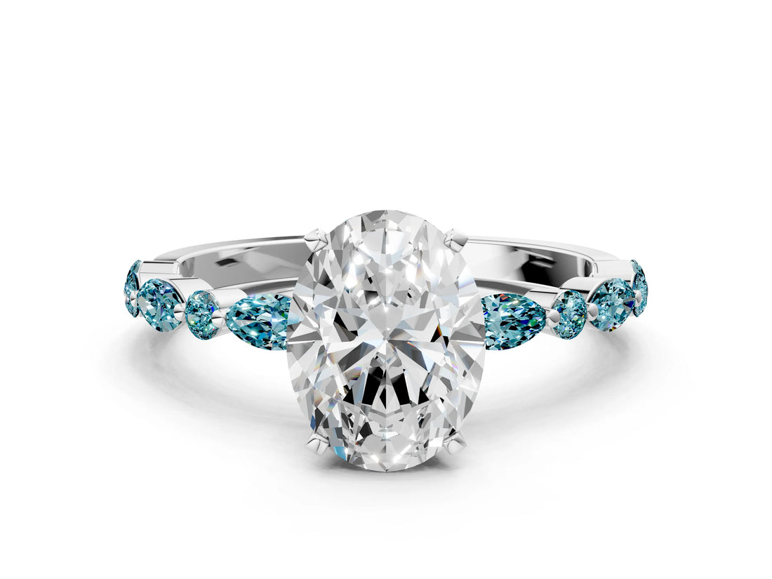 White gold Oval Cut Diamond Ring with Marquise and Round with Blue Topaz side stone Side Stones and Four-Prong Setting_36
