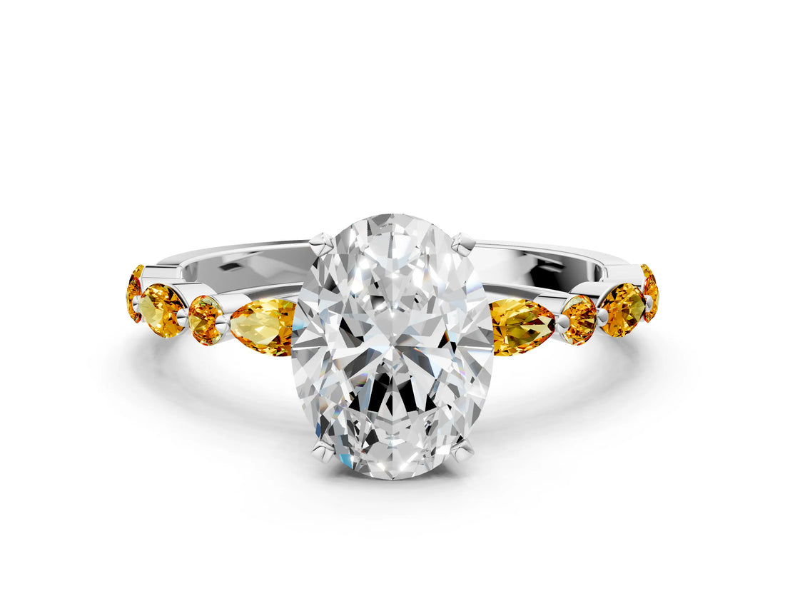 White gold Oval Cut Diamond Ring with Marquise and Round with Citrine side stone Side Stones and Four-Prong Setting_12