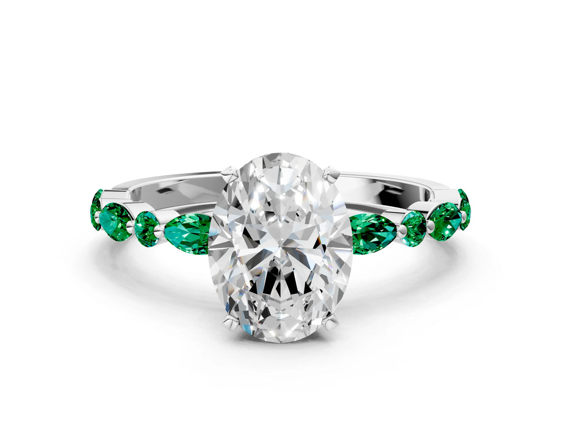 White gold Oval Cut Diamond Ring with Marquise and Round with Emerald side stone Side Stones and Four-Prong Setting_48