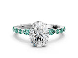 White gold Oval Cut Diamond Ring with Marquise and Round with Green Sapphire side stone Side Stones and Four-Prong Setting