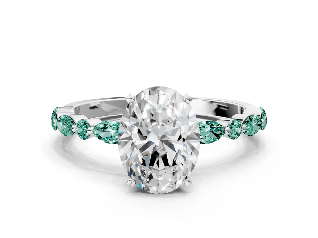 White gold Oval Cut Diamond Ring with Marquise and Round with Green Sapphire side stone Side Stones and Four-Prong Setting_12