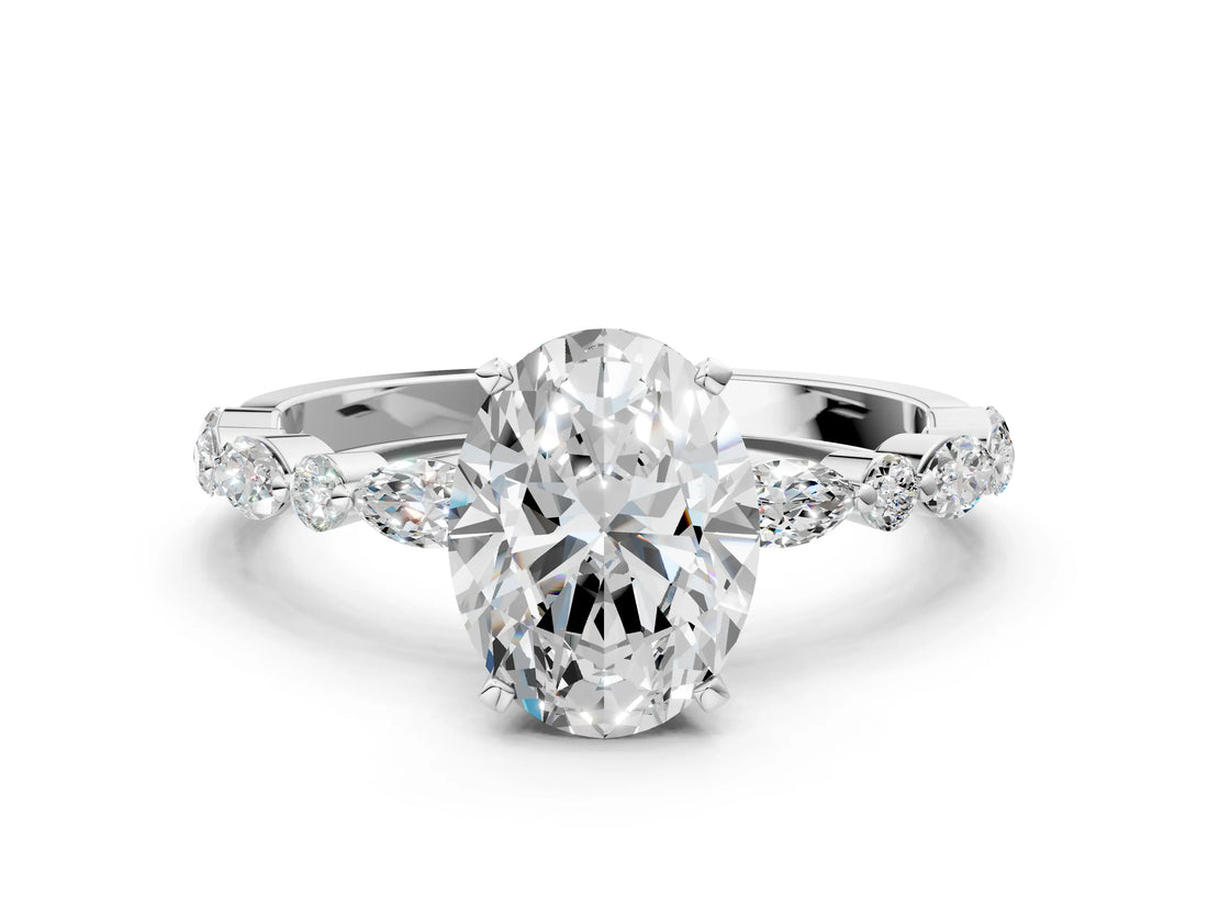 White gold Oval Cut Diamond Ring with Marquise and Round with Moissanite side stone Side Stones and Four-Prong Setting_48