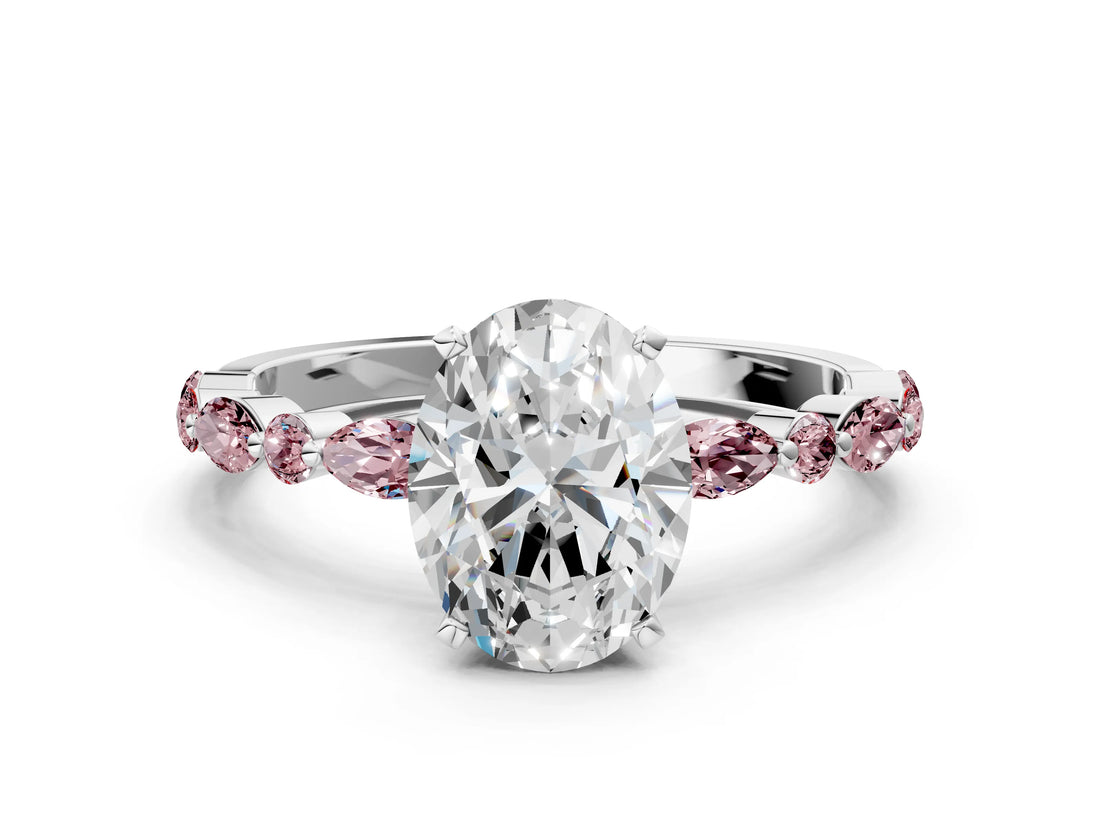 White gold Oval Cut Diamond Ring with Marquise and Round with Morganite side stone Side Stones and Four-Prong Setting_24