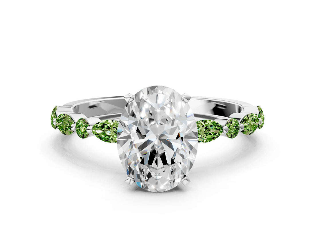 White gold Oval Cut Diamond Ring with Marquise and Round with Peridot side stone Side Stones and Four-Prong Setting