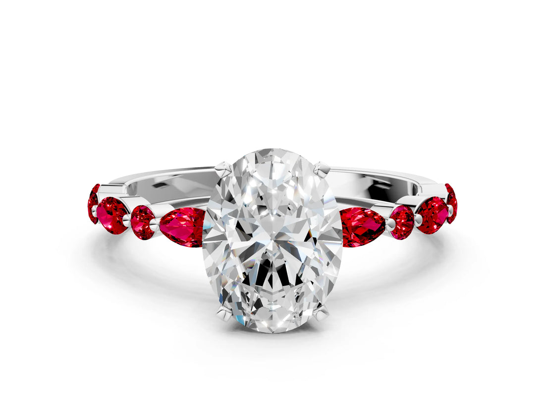 White gold Oval Cut Diamond Ring with Marquise and Round with Ruby side stone Side Stones and Four-Prong Setting_48