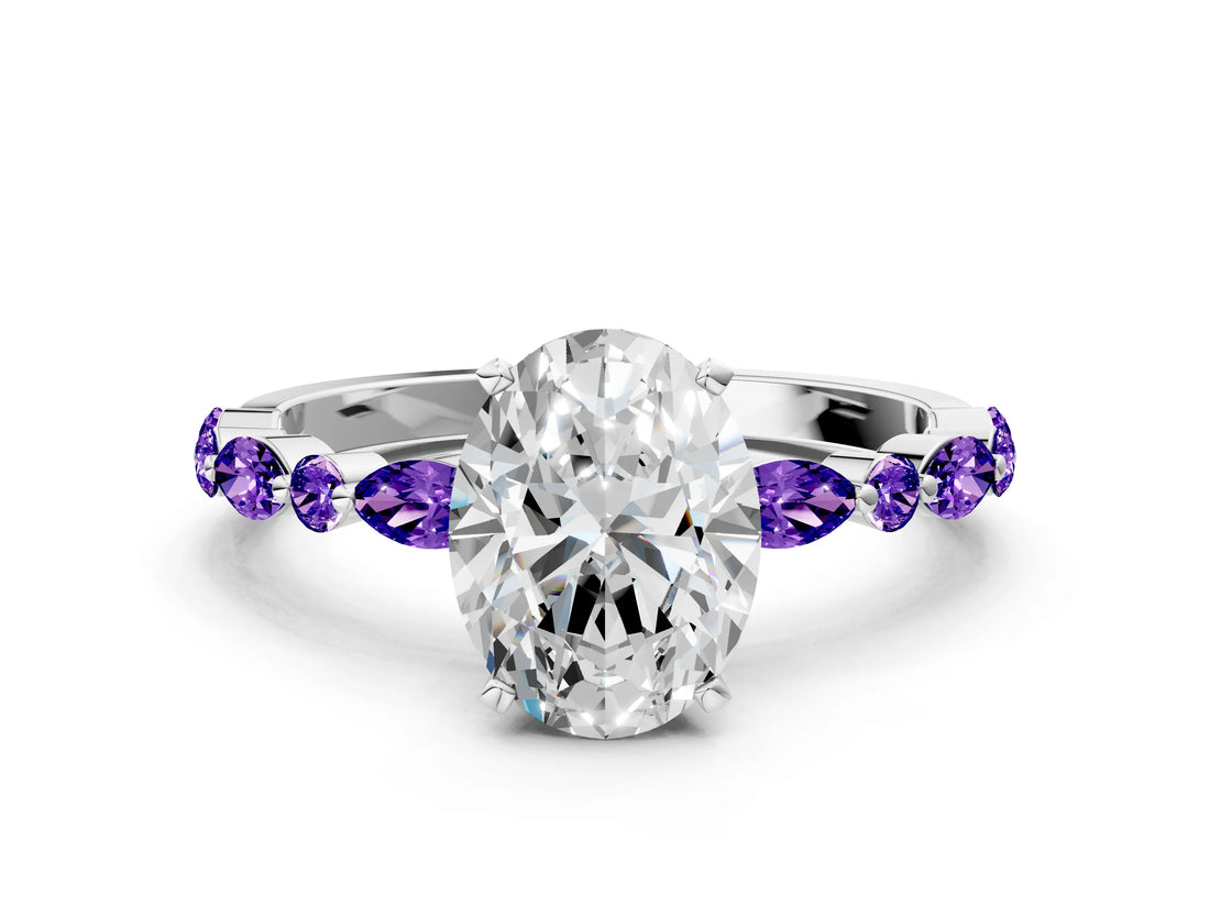 White gold Oval Cut Diamond Ring with Marquise and Round with Tanzanite side stone Side Stones and Four-Prong Setting_24
