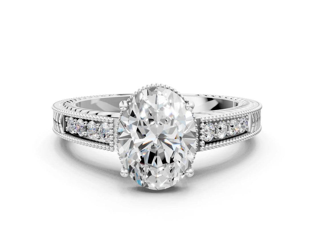 White gold Oval Cut Diamond Ring with Milgrain Pavé Band and Four-Prong Setting_33