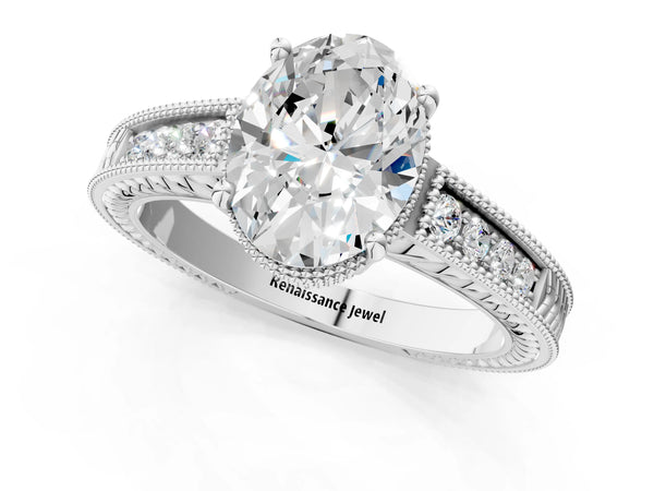 White gold Oval Cut Diamond Ring with Milgrain Pavé Band and Four-Prong Setting