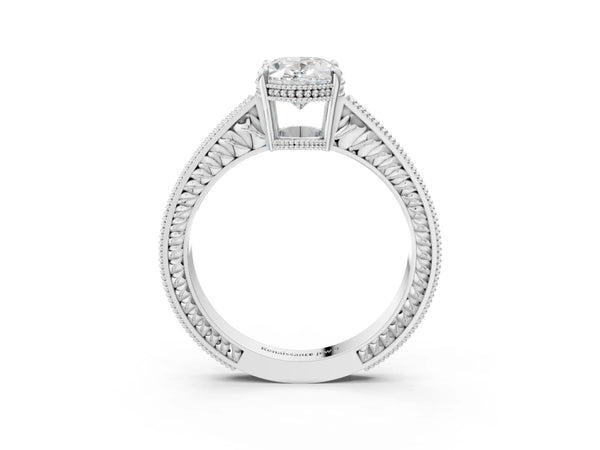 White gold Oval Cut Diamond Ring with Milgrain Pavé Band and Four-Prong Setting