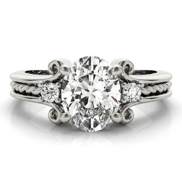 White gold Oval Cut Diamond Ring with Scrollwork Band and Prong Setting