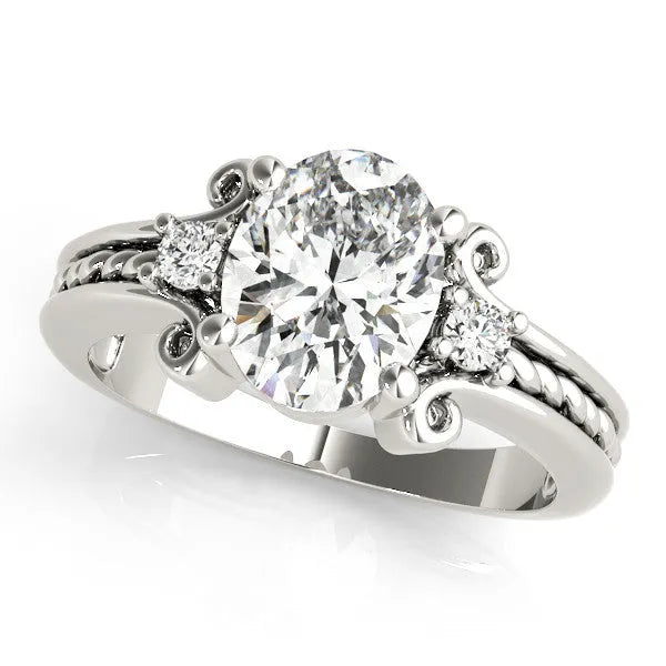 White gold Oval Cut Diamond Ring with Scrollwork Band and Prong Setting