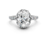 White gold Oval Cut Diamond Scalloped Halo Engagement Ring with Round Shared Prong Band_12