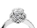 White gold Oval Cut Diamond Scalloped Halo Engagement Ring with Round Shared Prong Band_16