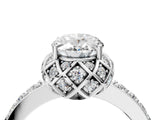 White gold Oval Cut Diamond Scalloped Halo Engagement Ring with Round Shared Prong Band_28