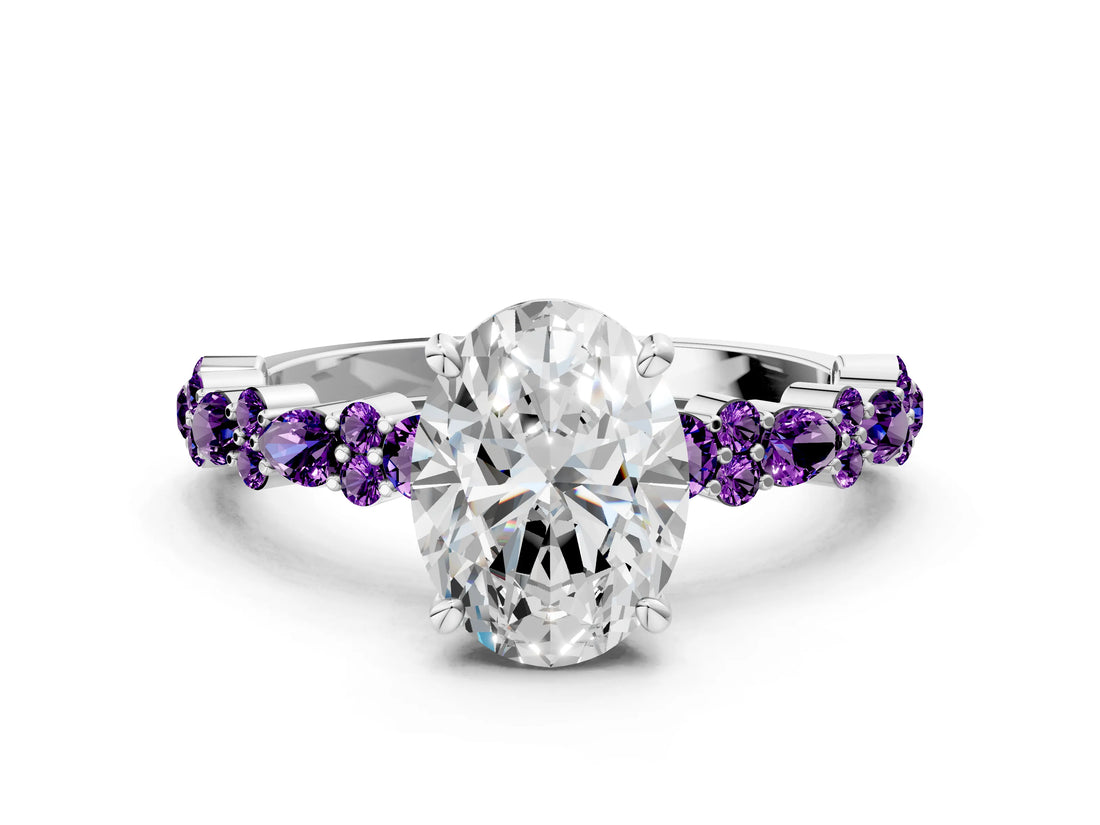 White gold Oval Cut Diamond Side Stone Solitaire Ring with Round with Amethyst side stone and Four-Prong Setting