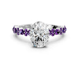 White gold Oval Cut Diamond Side Stone Solitaire Ring with Round with Amethyst side stone and Four-Prong Setting