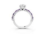 White gold Oval Cut Diamond Side Stone Solitaire Ring with Round with Amethyst side stone and Four-Prong Setting_3