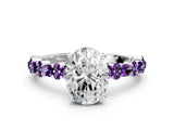 White gold Oval Cut Diamond Side Stone Solitaire Ring with Round with Amethyst side stone and Four-Prong Setting