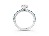 White gold Oval Cut Diamond Side Stone Solitaire Ring with Round with Aquamarine side stone and Four-Prong Setting_11