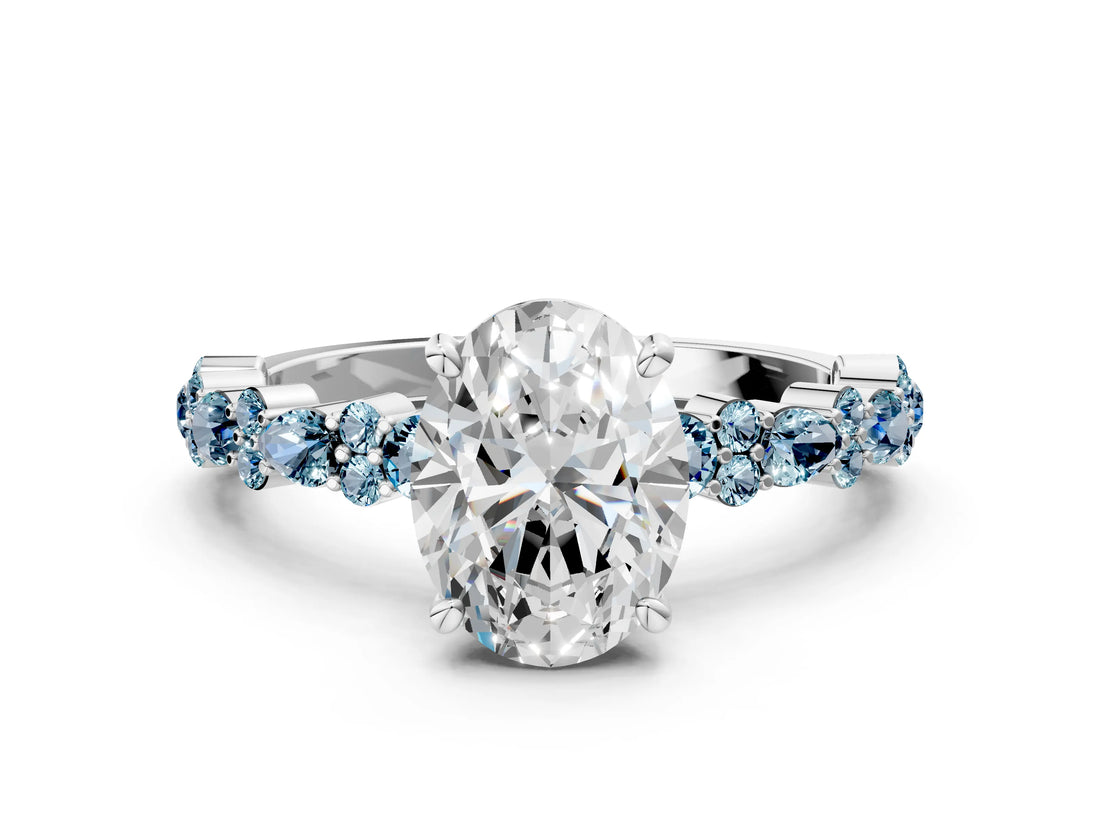 White gold Oval Cut Diamond Side Stone Solitaire Ring with Round with Aquamarine side stone and Four-Prong Setting_8