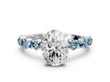 White gold Oval Cut Diamond Side Stone Solitaire Ring with Round with Aquamarine side stone and Four-Prong Setting_8