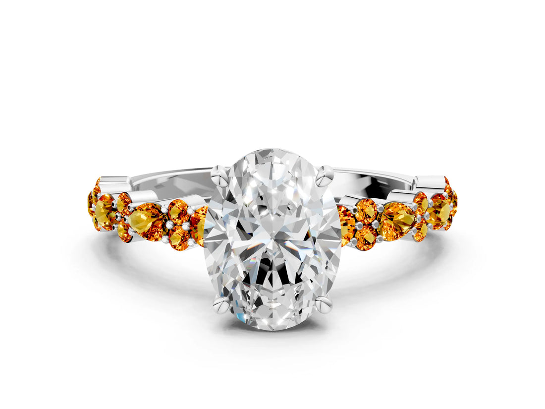 White gold Oval Cut Diamond Side Stone Solitaire Ring with Round with Citrine side stone and Four-Prong Setting