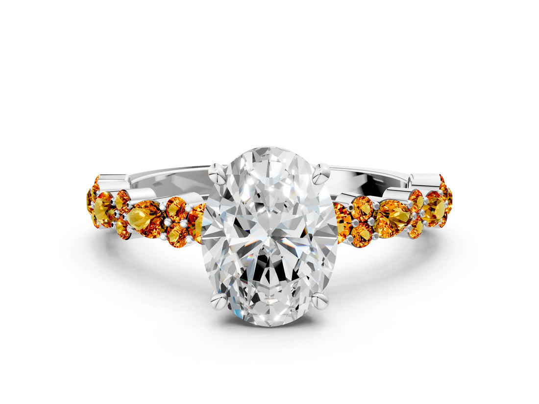 White gold Oval Cut Diamond Side Stone Solitaire Ring with Round with Citrine side stone and Four-Prong Setting_12