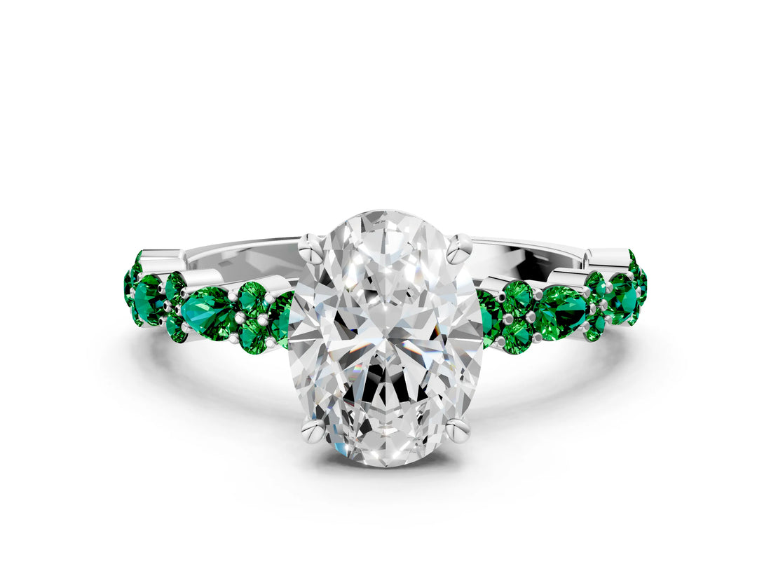 White gold Oval Cut Diamond Side Stone Solitaire Ring with Round with Emerald side stone and Four-Prong Setting_12