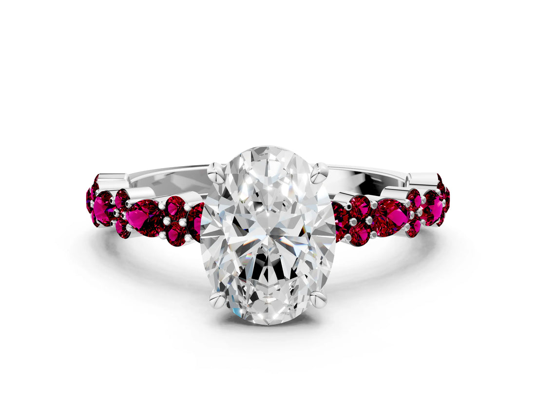 White gold Oval Cut Diamond Side Stone Solitaire Ring with Round with Garnet side stone and Four-Prong Setting